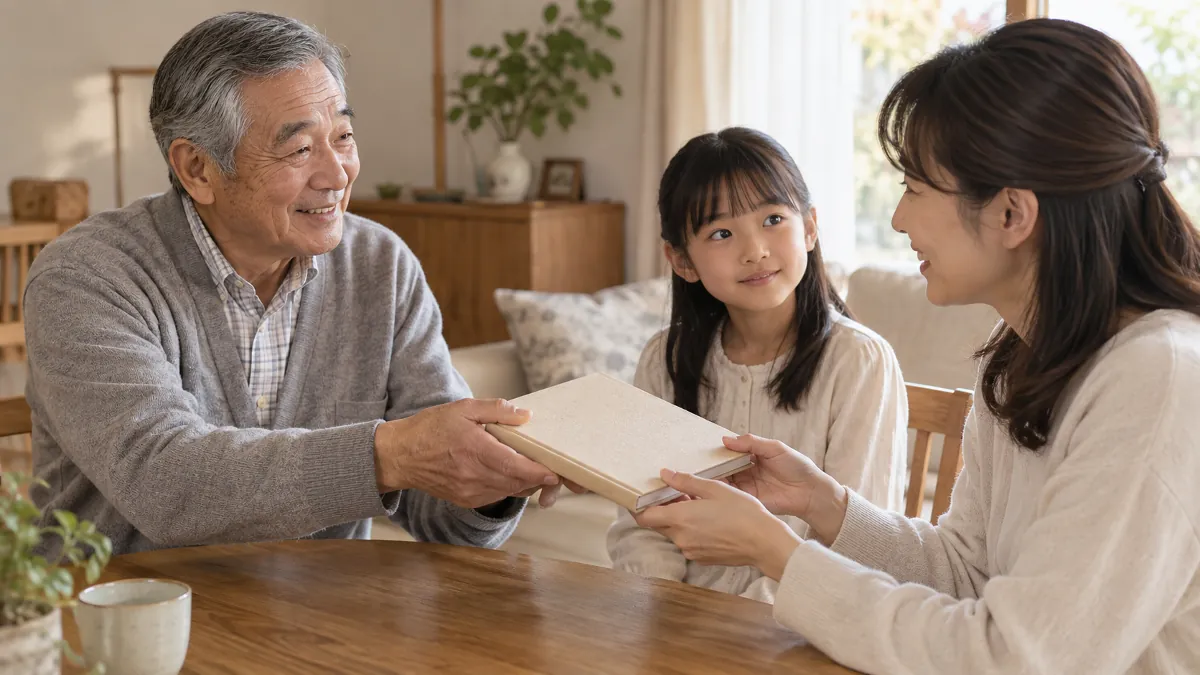 完成した本を年配の人が家族に手渡している場面