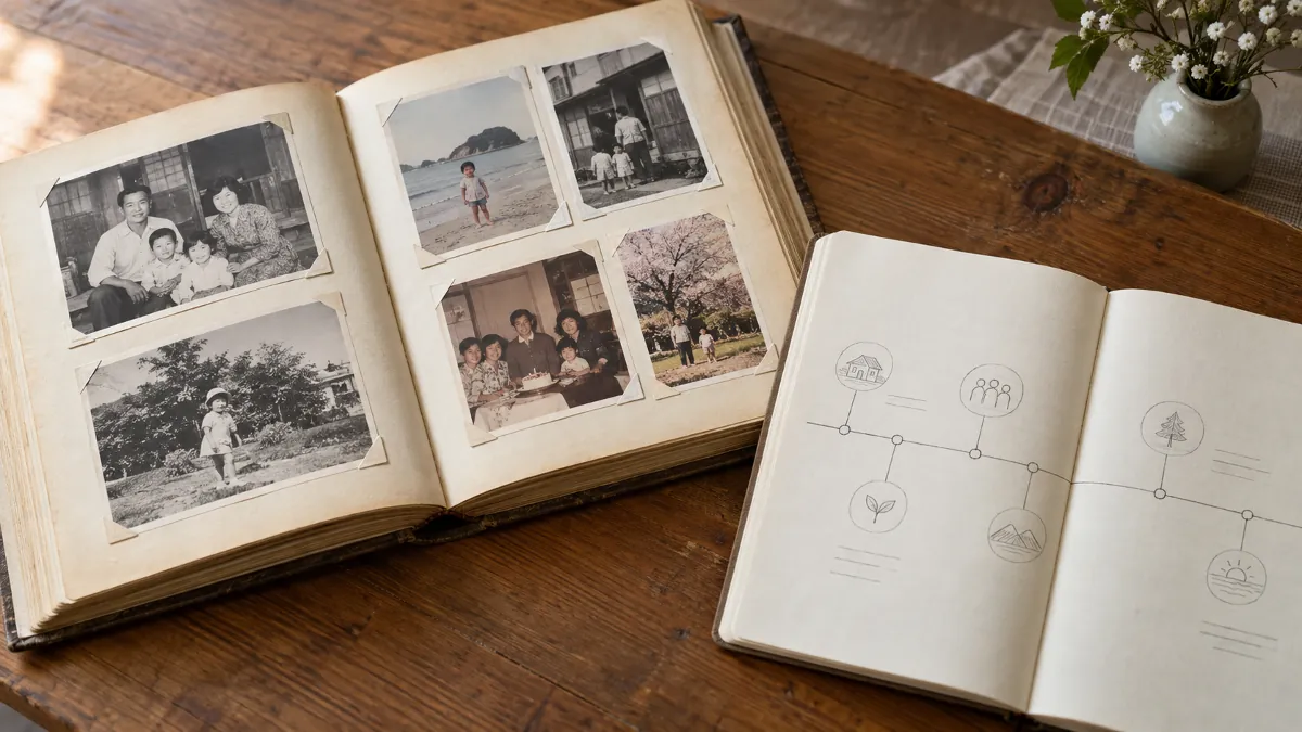 開いた写真アルバムと、手書きの年表を書き込んだノート